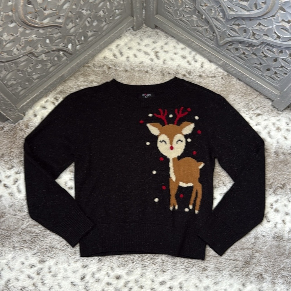 Sparkly black knit Christmas sweater girls medium Rudolf Reindeer holiday party